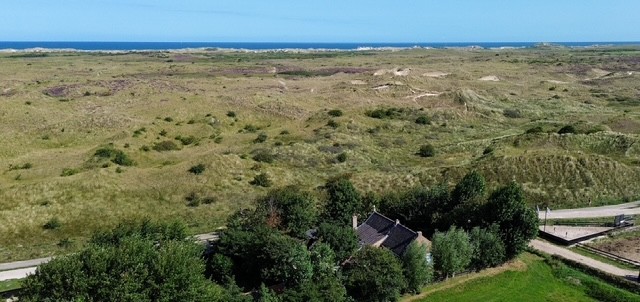 Luchtfoto van Huisje Eindeloos tussen de bomen aan de duinen